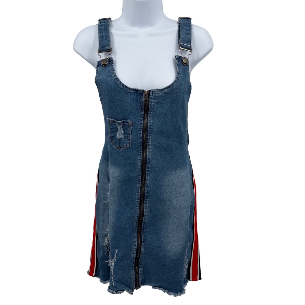 American Bazi Womens Denim Mini Overall Dress Zip Front Distressed Blue Large